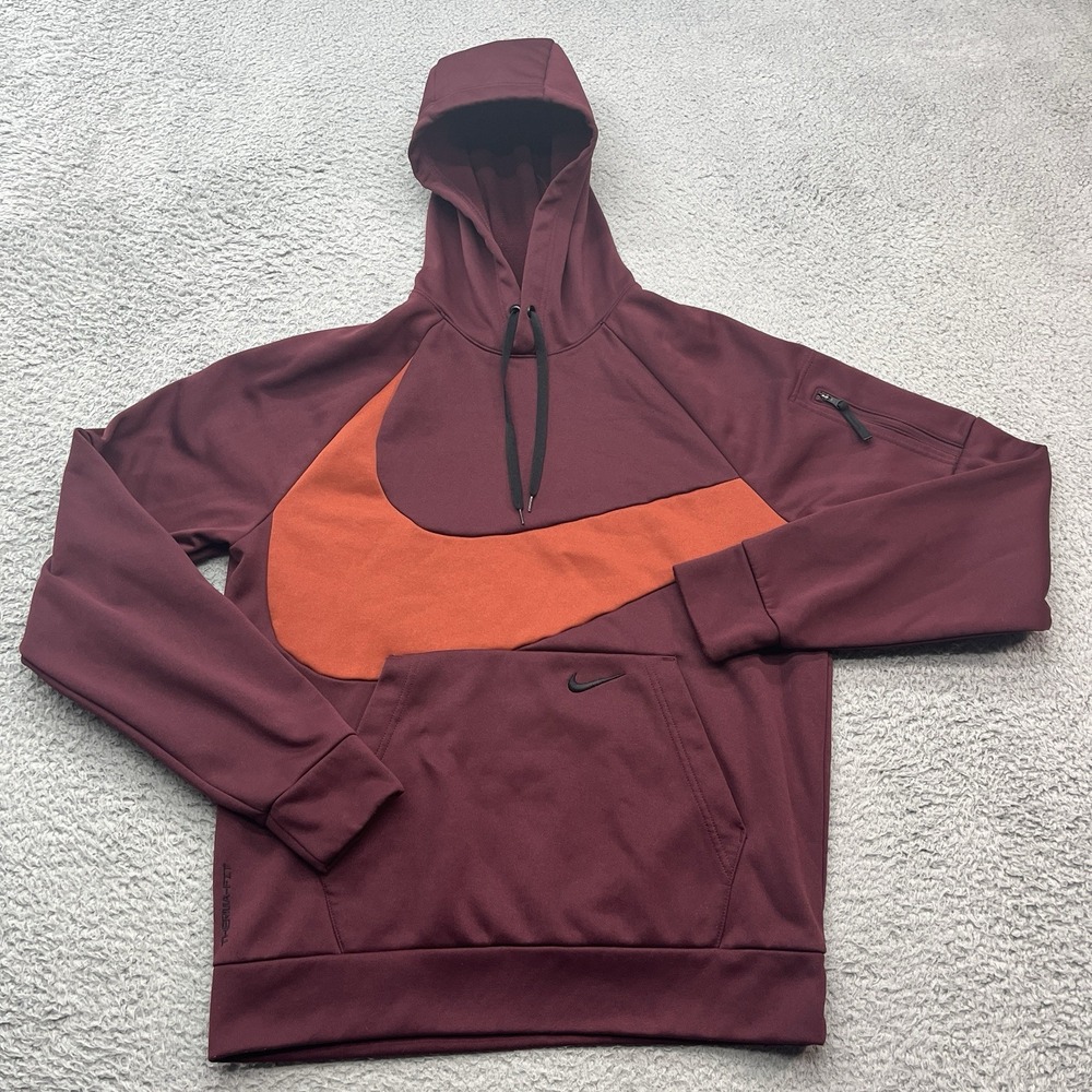 Nike Therma-FIT Training Hoodie Mens M Burgundy Big Swoosh Streetwear Sportswear